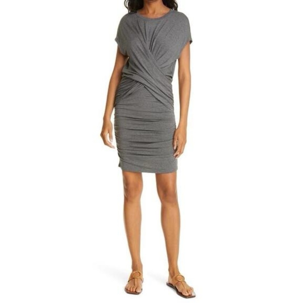 Frame Shirred Muscle Dress in a charcoal or gris heather grey jersey knit - L